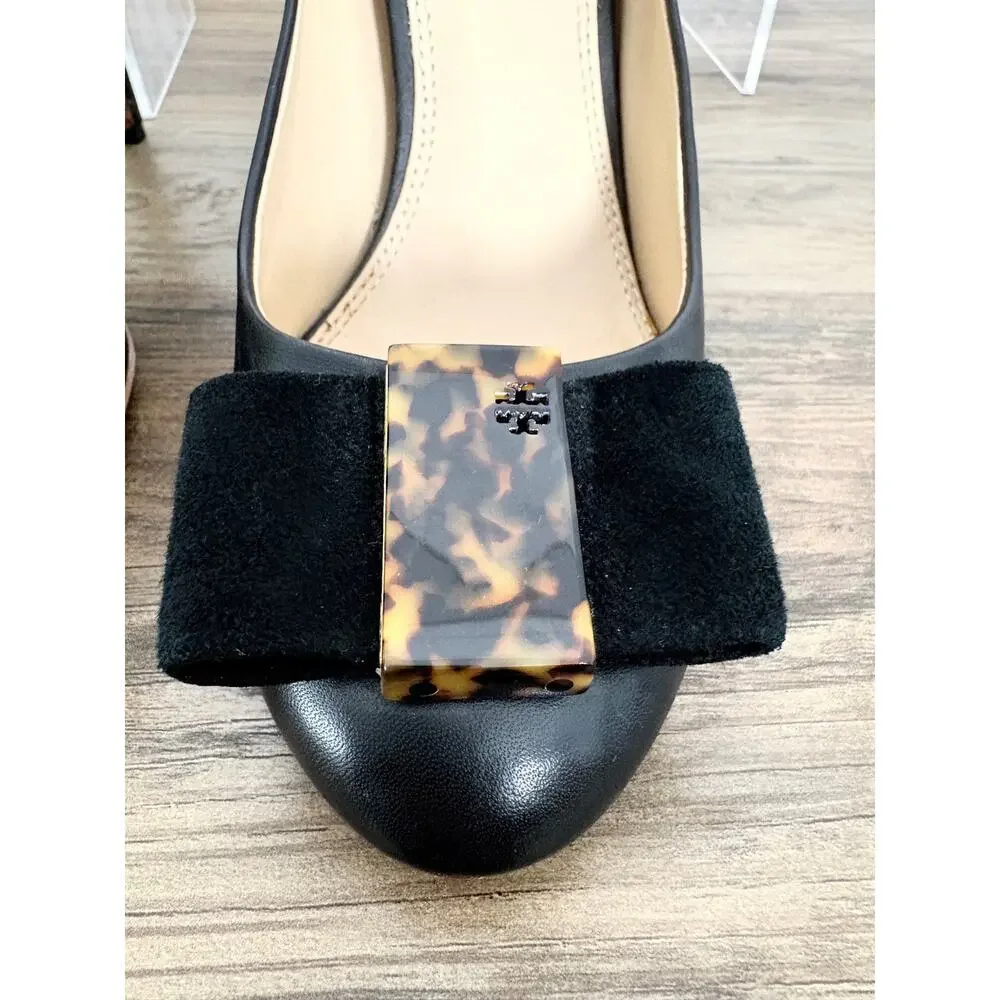 Tory Burch Black Leather Pumps Tortoise Logo Bow Heels Size 8 Classic Preppy